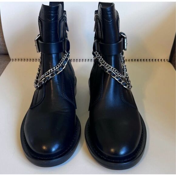 Zadig & Voltaire Laureen Black Leather & Silver Chain Ankle Booties size 8/38 ne - Picture 3 of 6